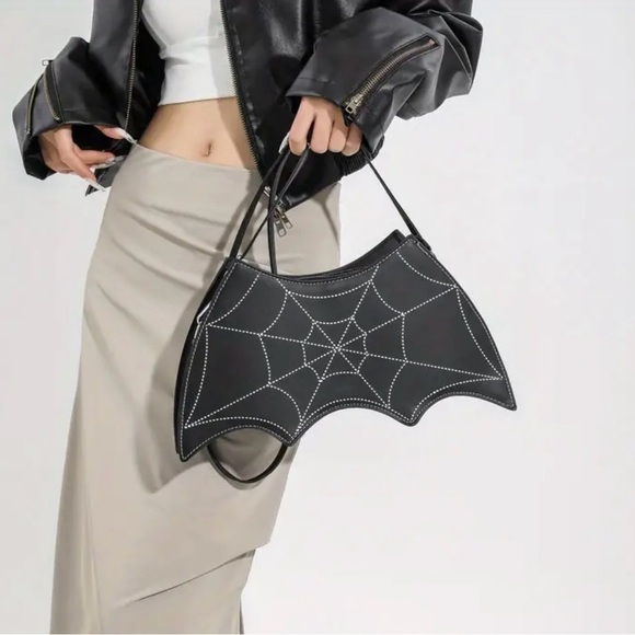 BAT WING HALLOWEEN BAG W SPIDER WEB DESIGN AND BAT BAG CHARM GOTH PUNK NWOT - Picture 7 of 8